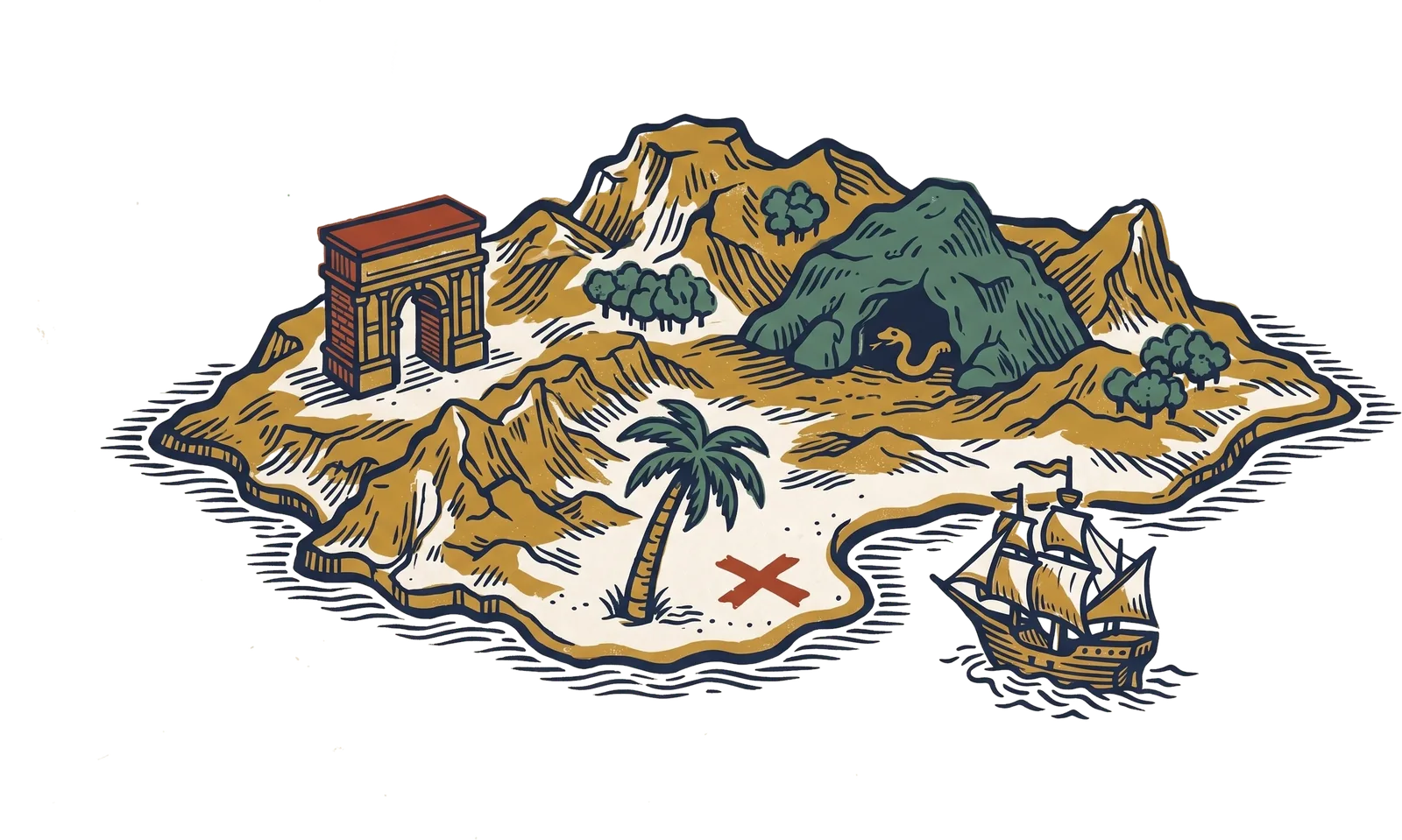 L'île des jeux : l'arche de Rome, l'antre du serpent, la palmeraie au trésor et un navire à quai.