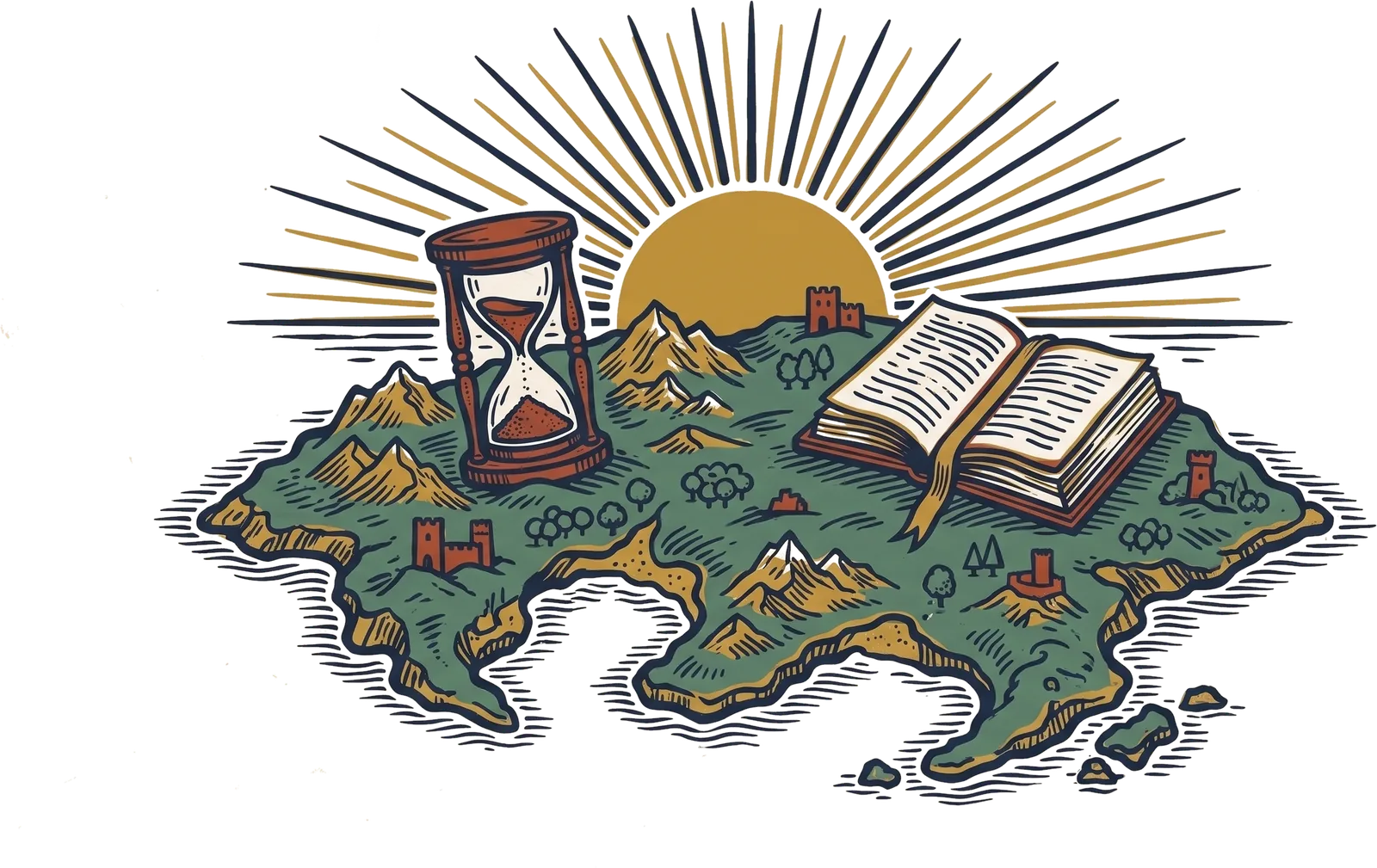 L'île des jours : un soleil levant, un sablier et un livre ouvert.