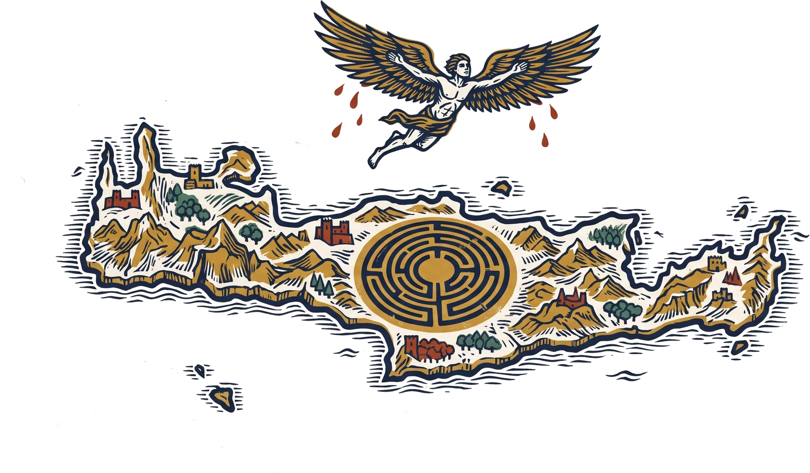 L'île du labyrinthe, d'où Icare s'envole, les ailes ouvertes.